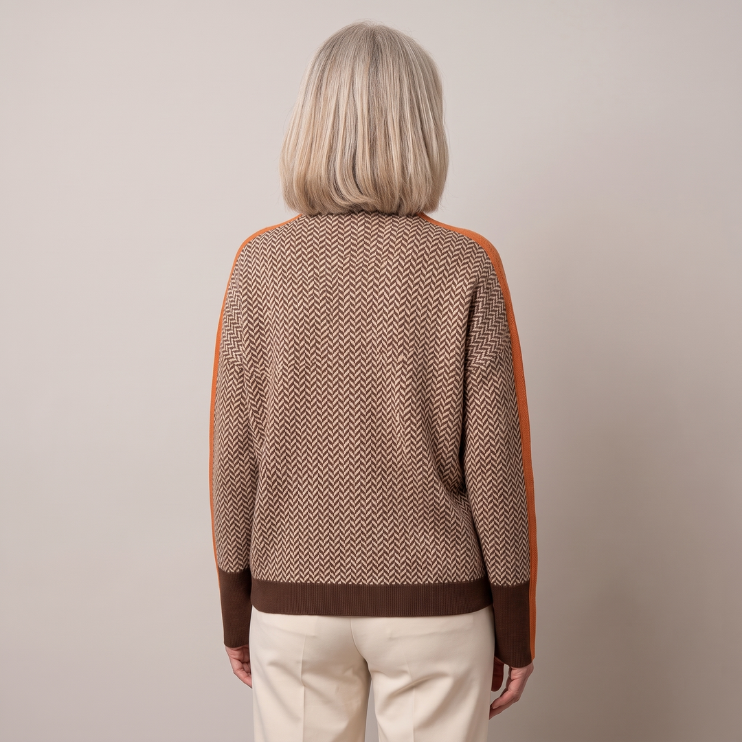 Malou turtleneck sweater in brown and orange, back view