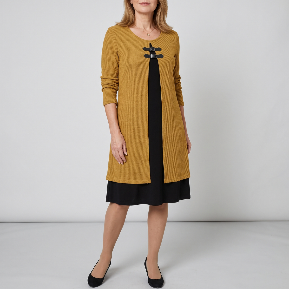 Amelia layered A-line dress in mustard