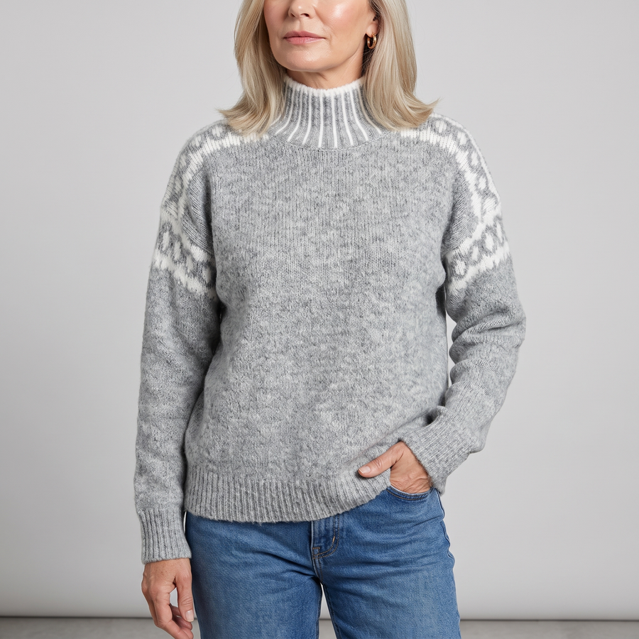 Mina mock neck sweater in gray, front view