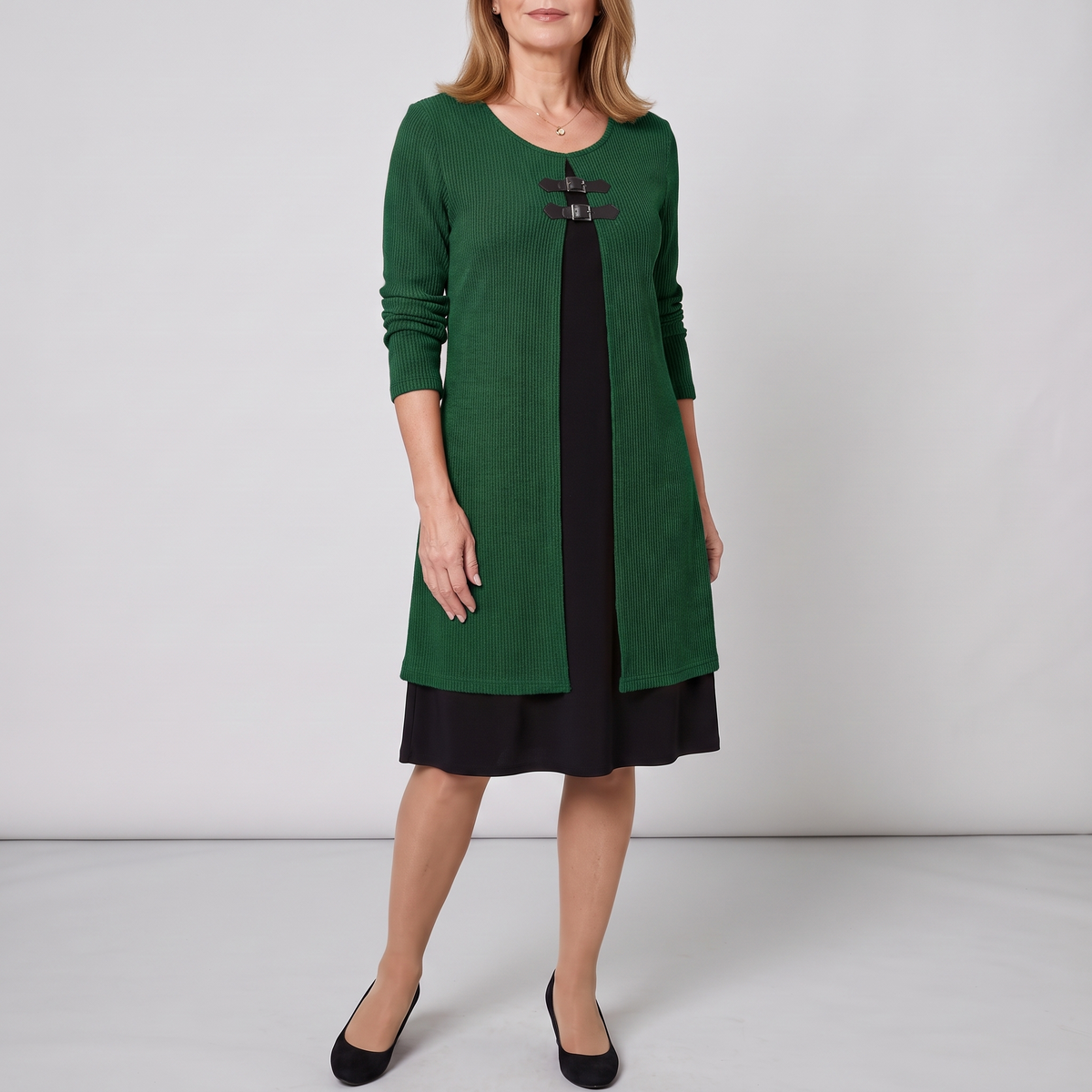 Amelia layered A-line dress in dark green