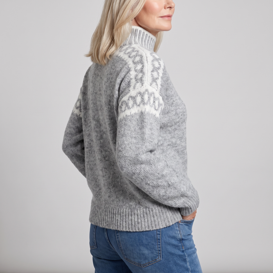 Mina mock neck sweater in gray, side view with shoulder pattern