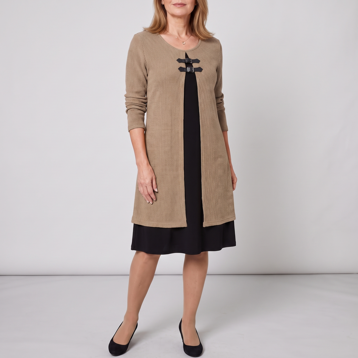 Amelia layered A-line dress in taupe