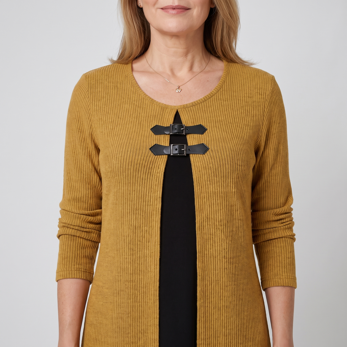 Amelia layered A-line dress, close-up of the two buckles at the front