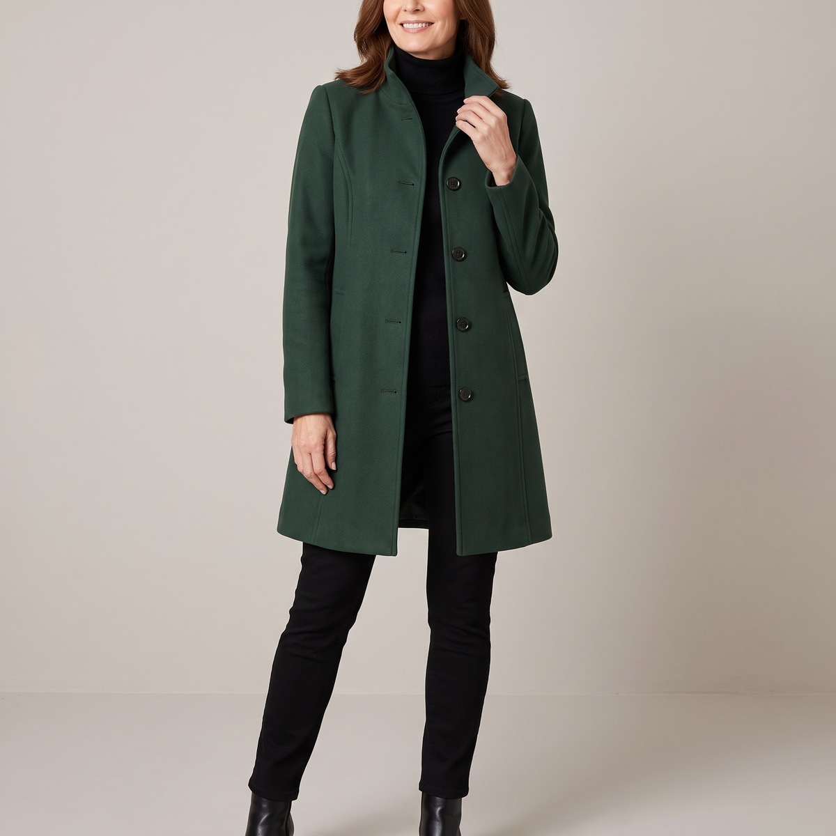 Eline coat with stand-up collar in dark green