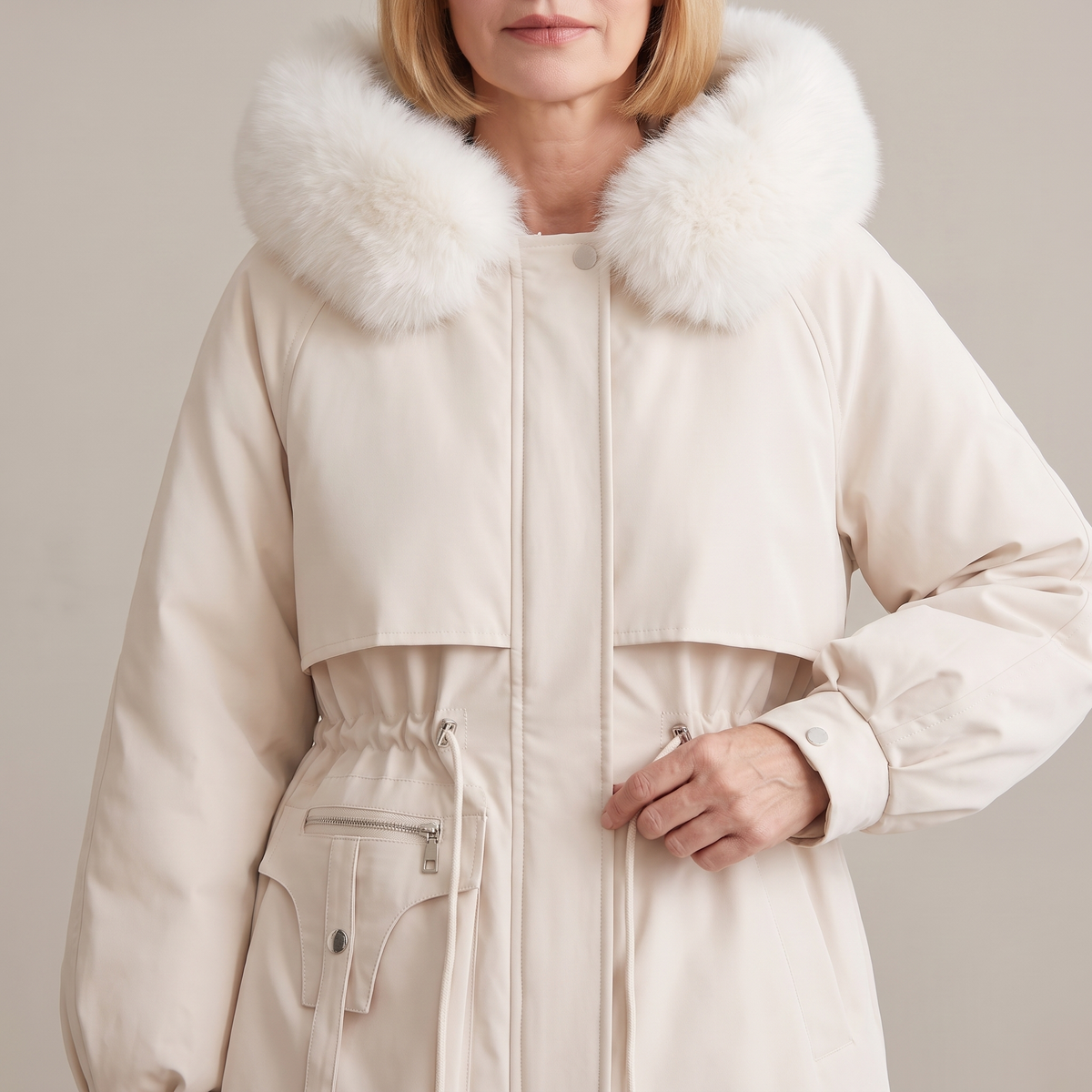 Mika winter jacket, close-up of the fluffy hood, drawstring and pocket