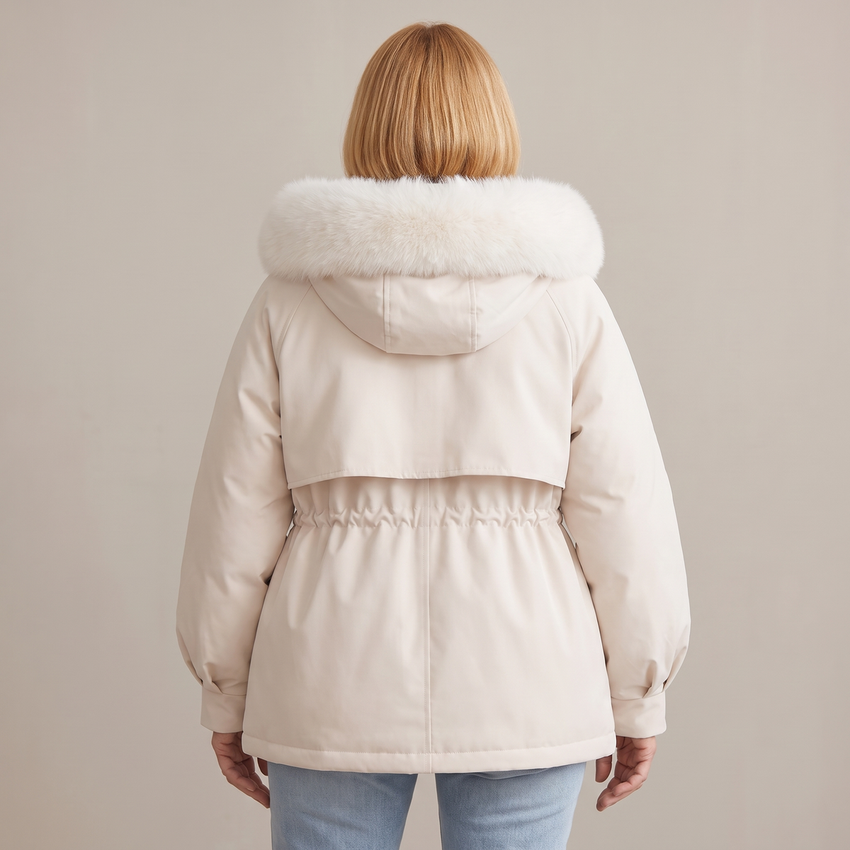 Mika winter jacket in ivory, back view with the hood up