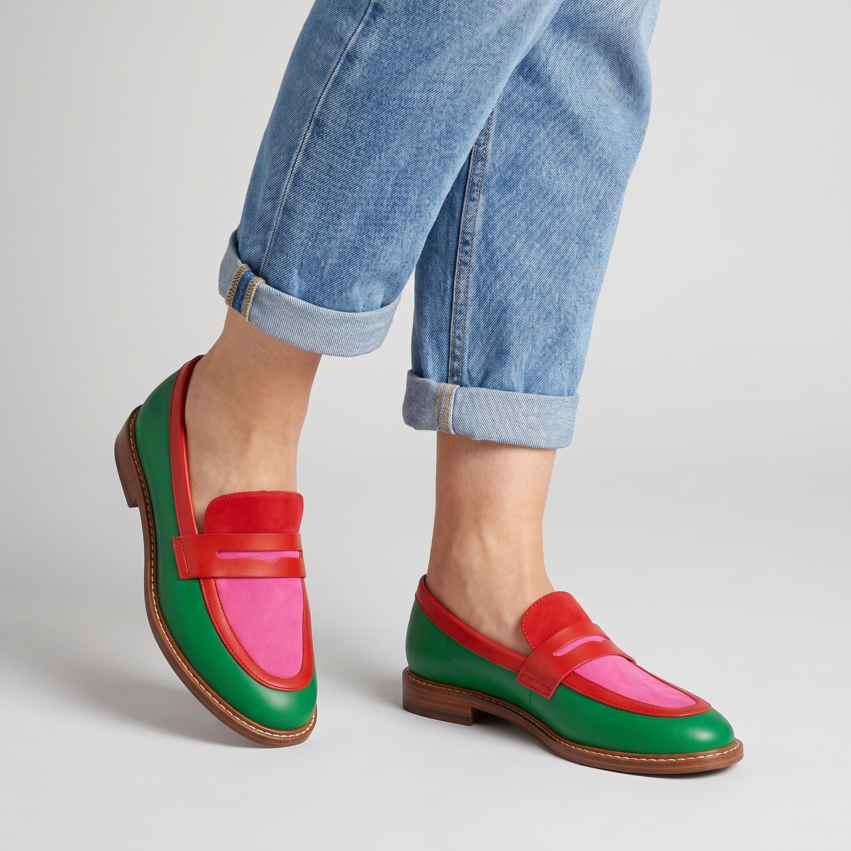 Talia tricolor penny loafers with stitched sole worn