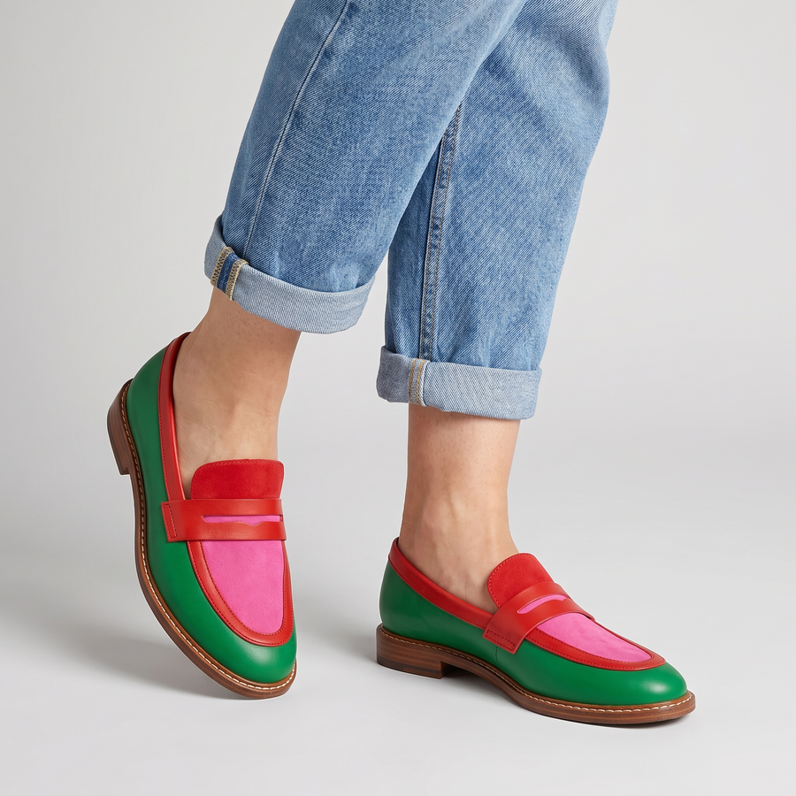 Talia tricolor penny loafers with stitched sole worn