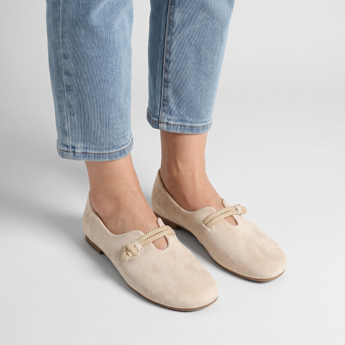 Naomi wide toe flats with twisted cord worn