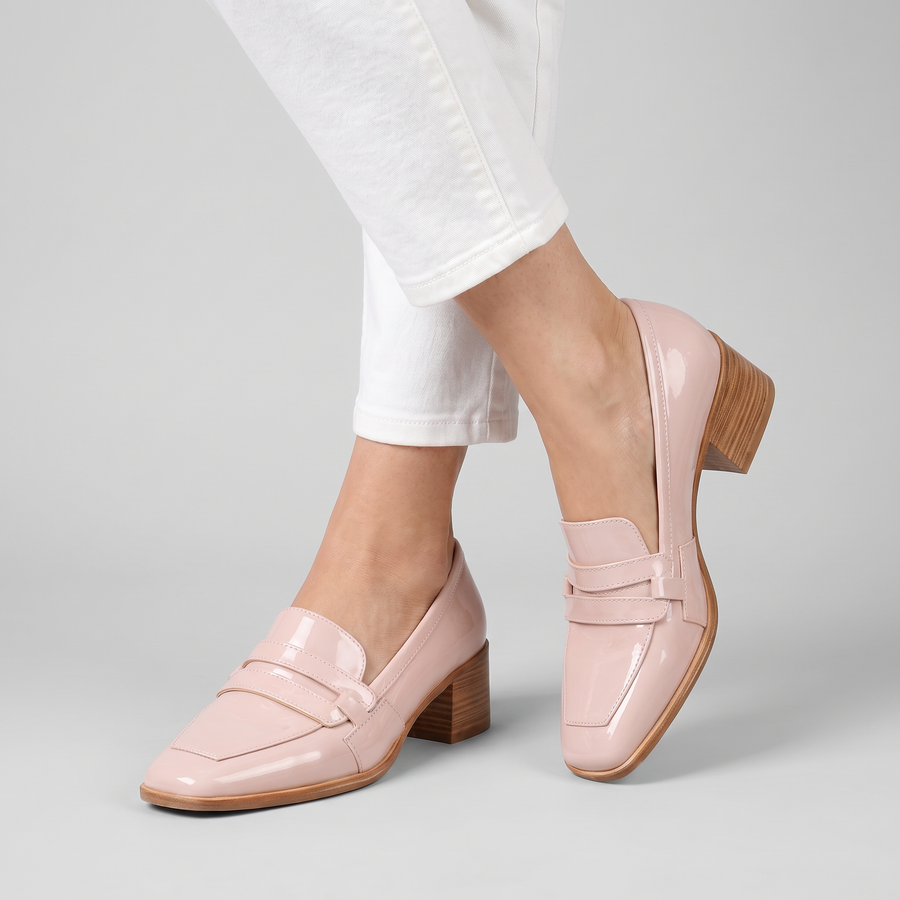 Karina square toe loafers with block heel worn