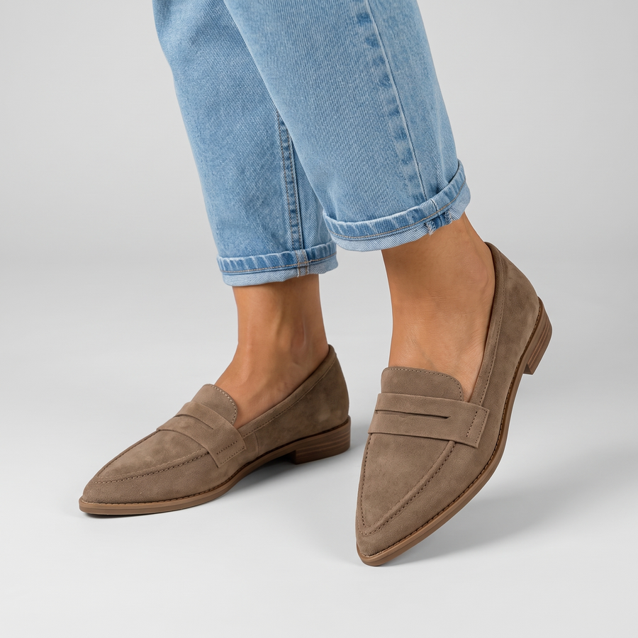 Ivy pointed toe loafers with v stitching worn