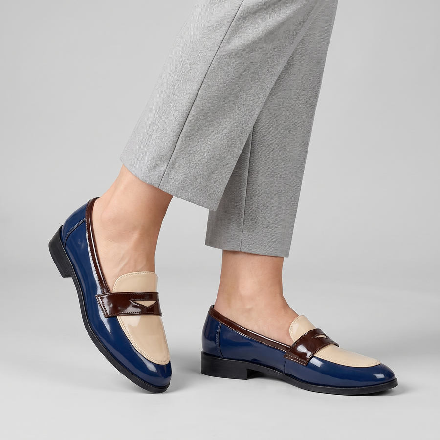 Tilly glossy loafers with contrast vamp worn