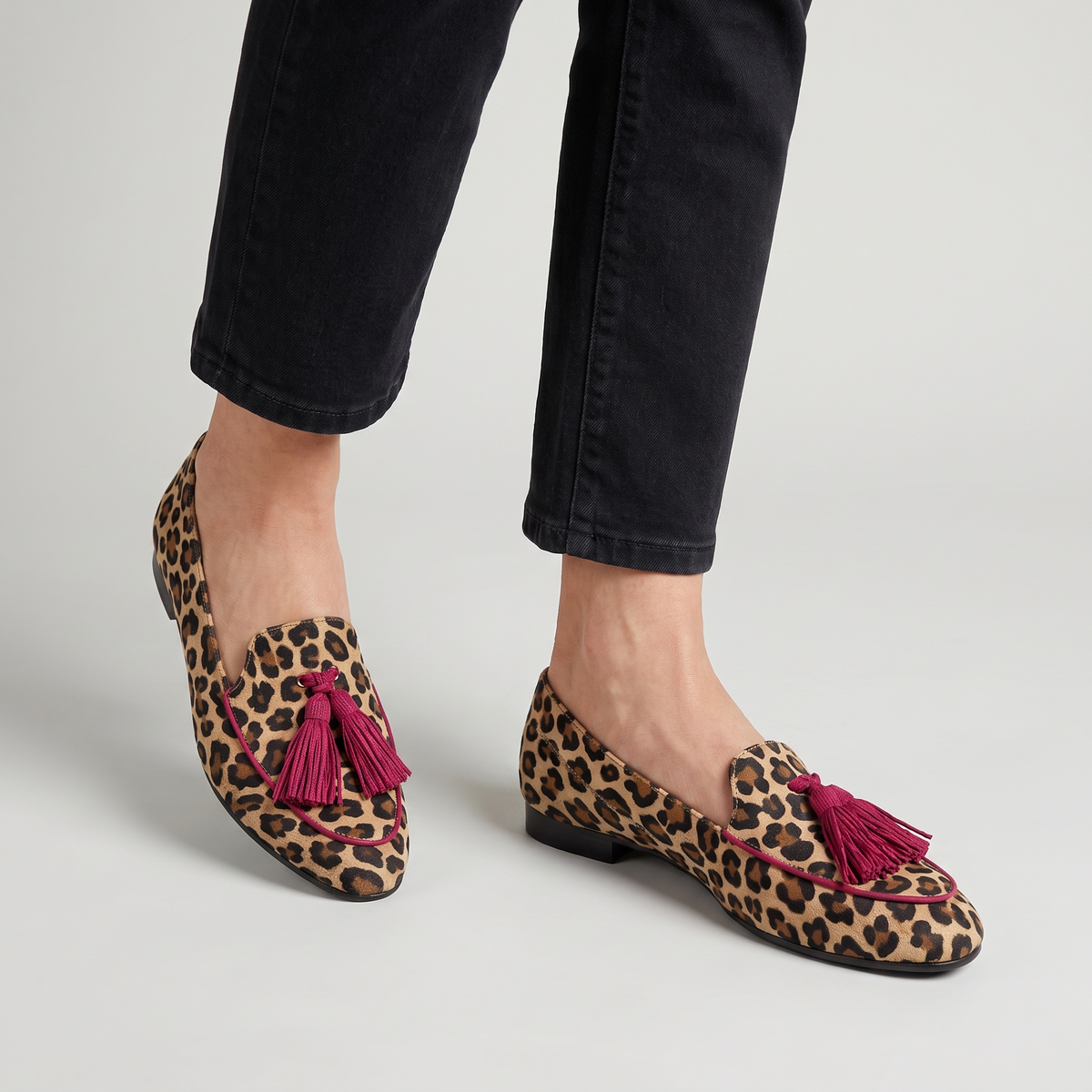 Primrose leopard round toe loafers with tassel worn