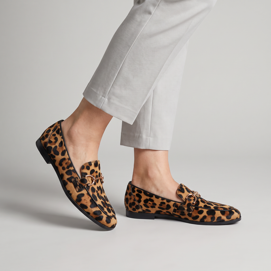 Adrianna leopard square toe loafers with metal bit worn