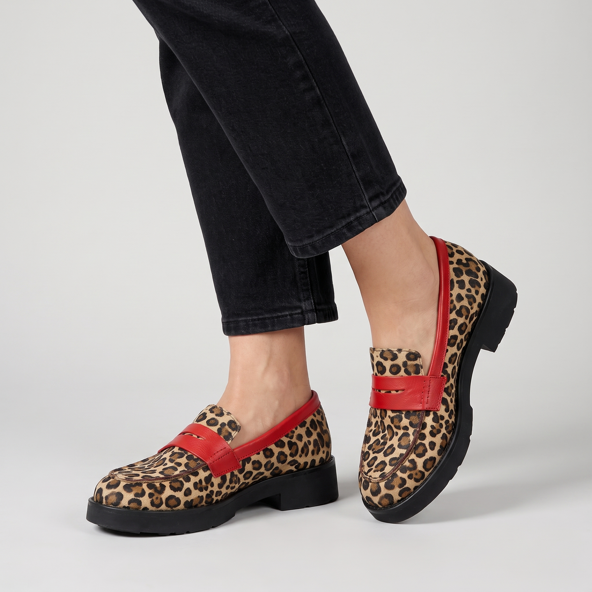 Roxie chunky sole loafers with contrast strap worn