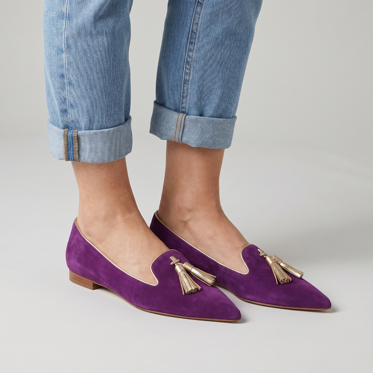 Portia pointed flats with metallic tassel worn