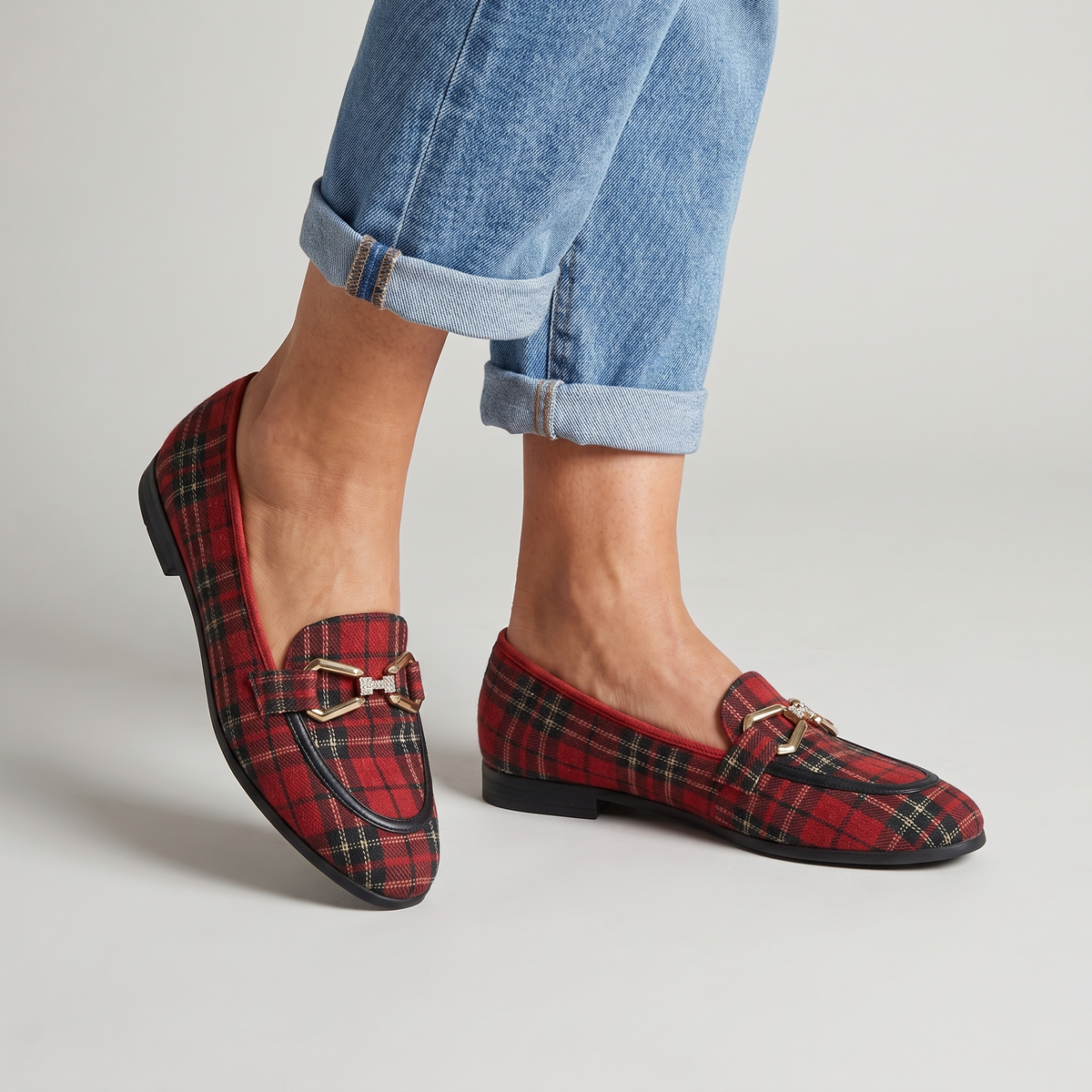 Rowan plaid loafers with sparkle buckle worn