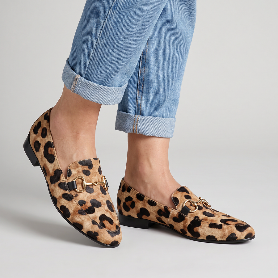 Eugenie leopard loafers with metal bit and low heel worn