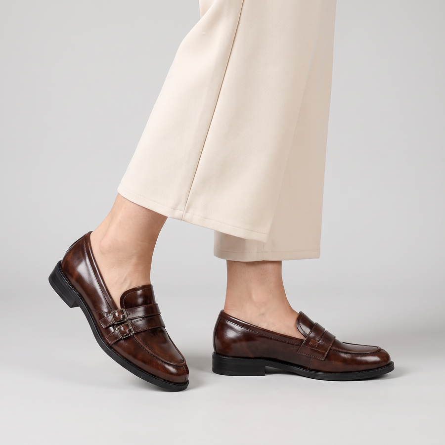 Maevie shiny loafers with double buckle strap worn