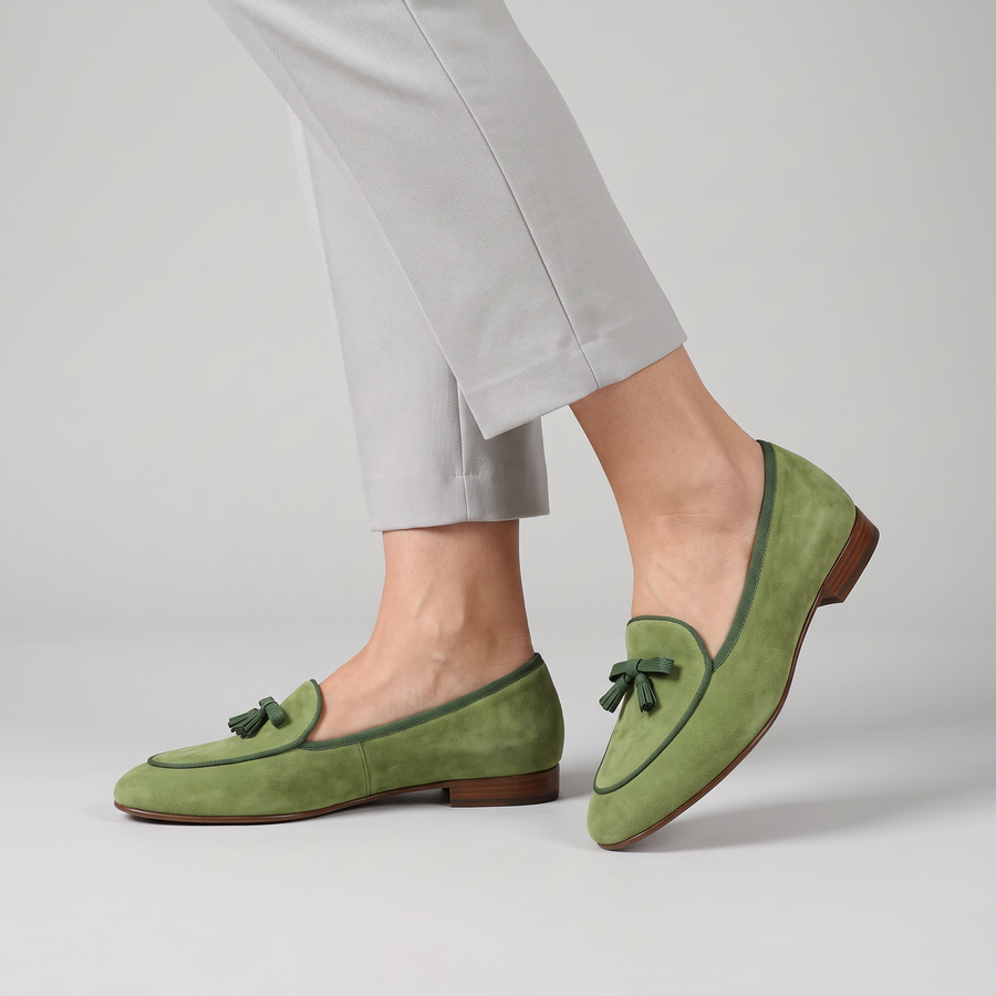 Genevieve loafers with tassel bow and low heel worn