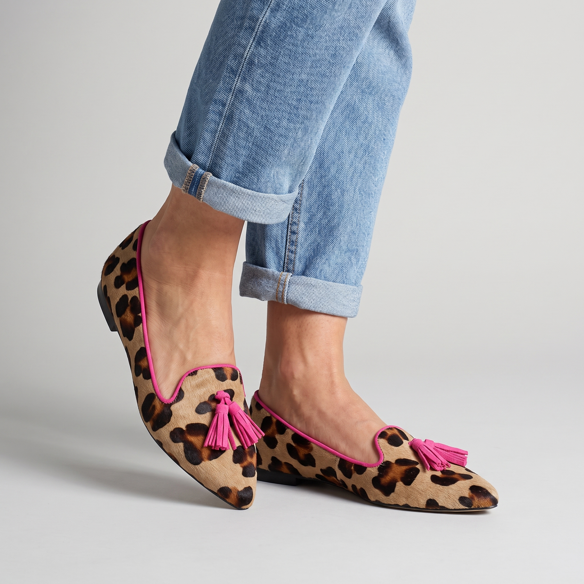 Alyssa leopard low-cut flats with tassel worn