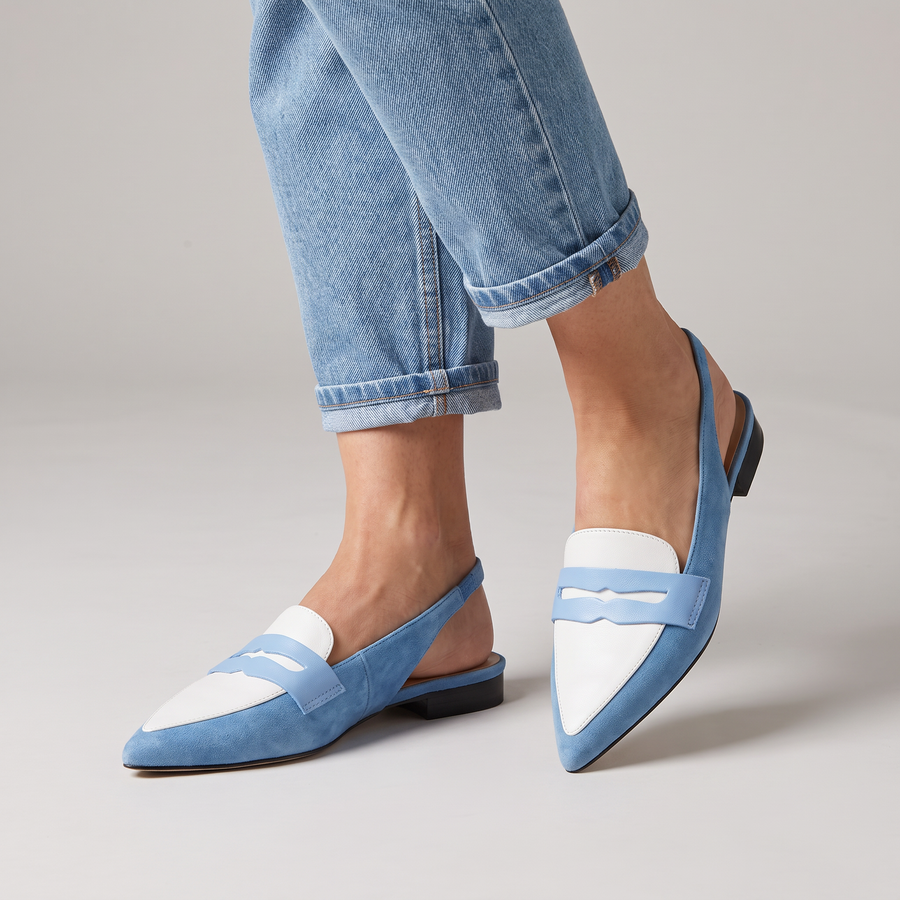Leanne two-tone pointed mules with cutout strap worn