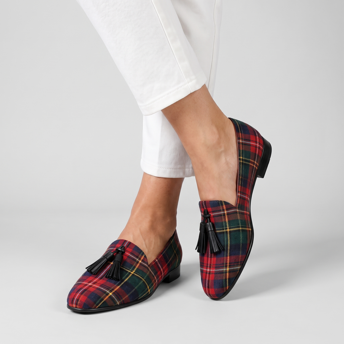 Carys plaid round toe loafers with tassel worn