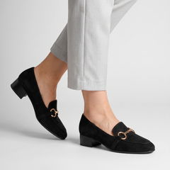 Eden loafers with metal bit and block heel worn