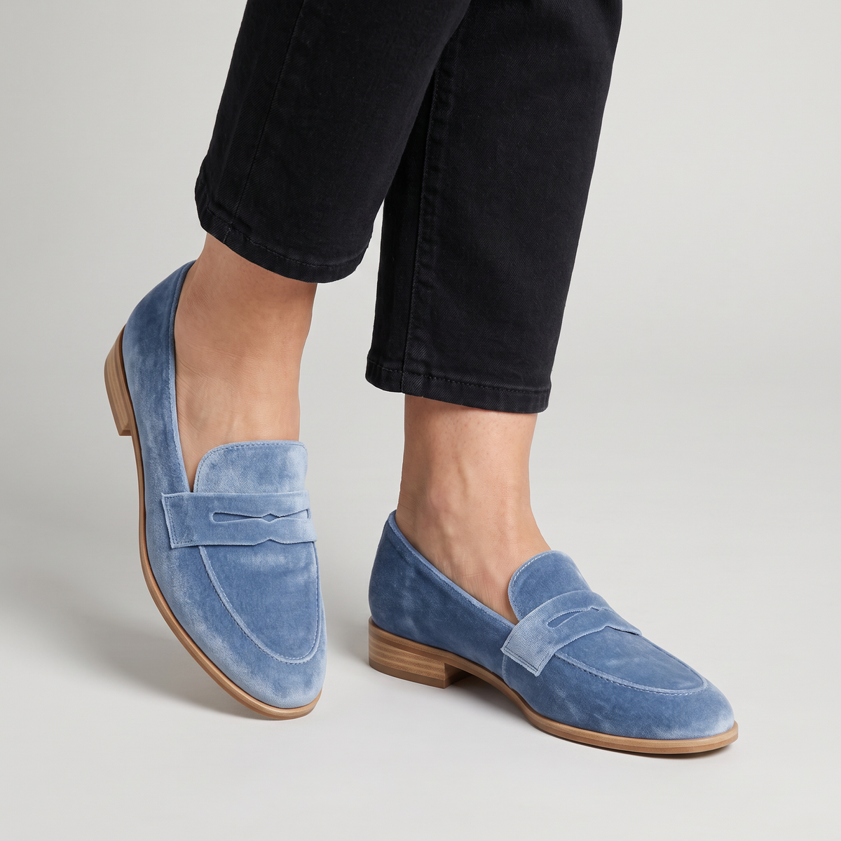 Nerissa soft penny loafers with stacked heel worn