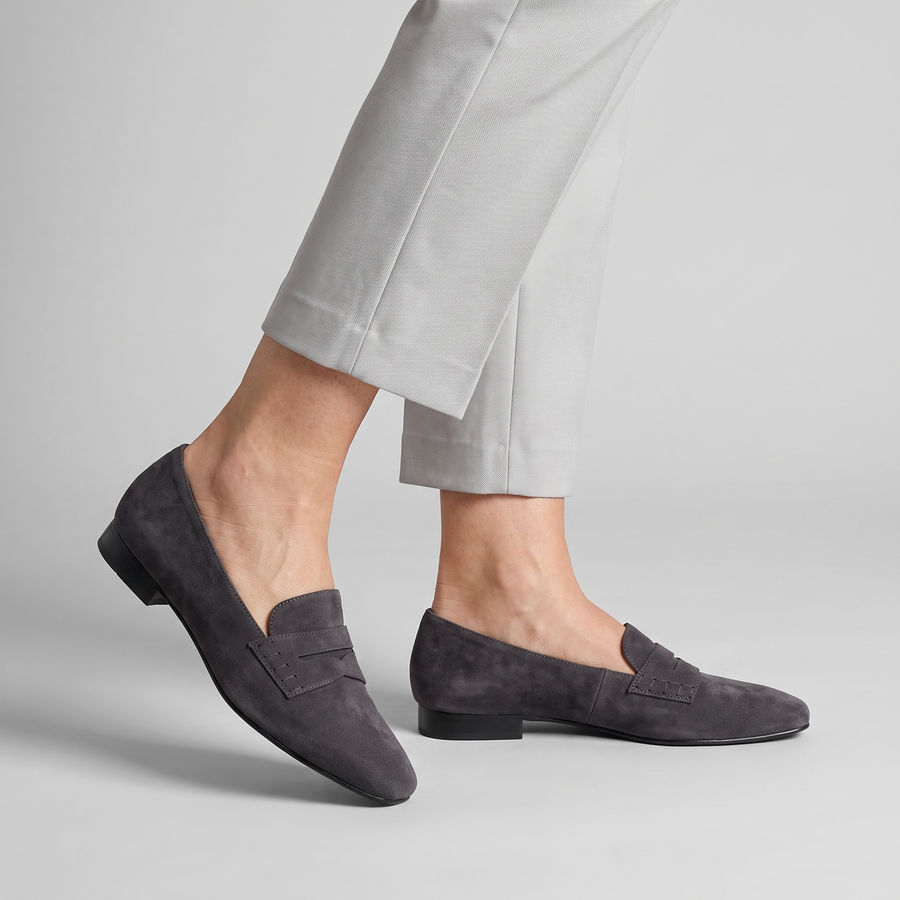 Evangeline flat square toe penny loafers worn