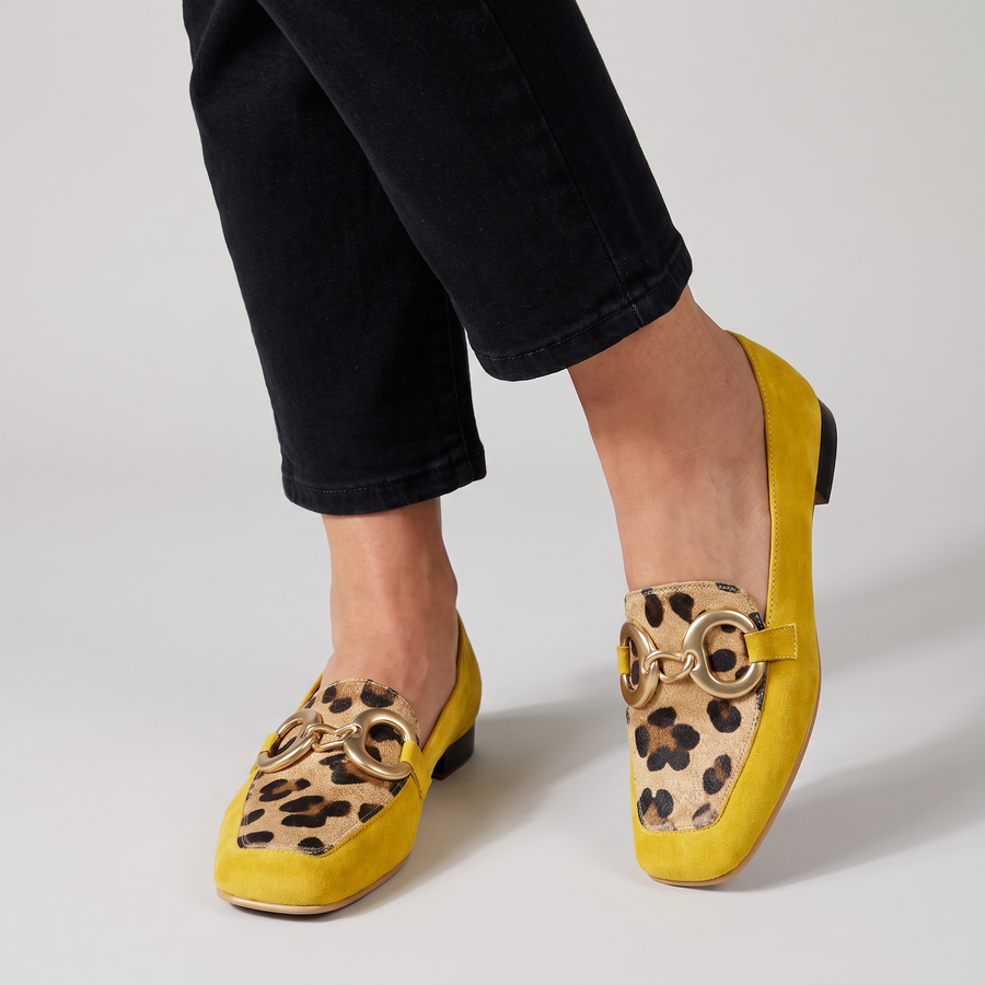 Marigold square toe loafers with rings and print panel worn