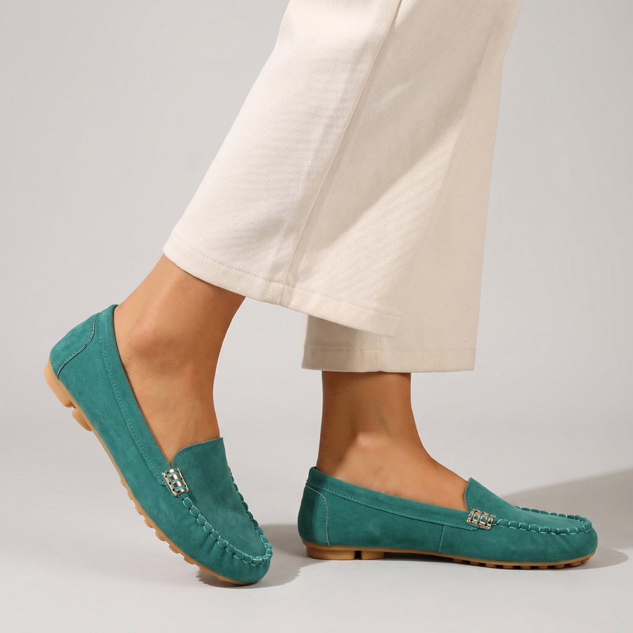 Linda driving loafers with visible stitching worn