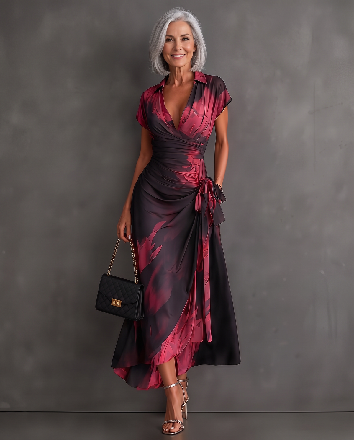 Beatrice watercolor print midi wrap dress in Burgundy