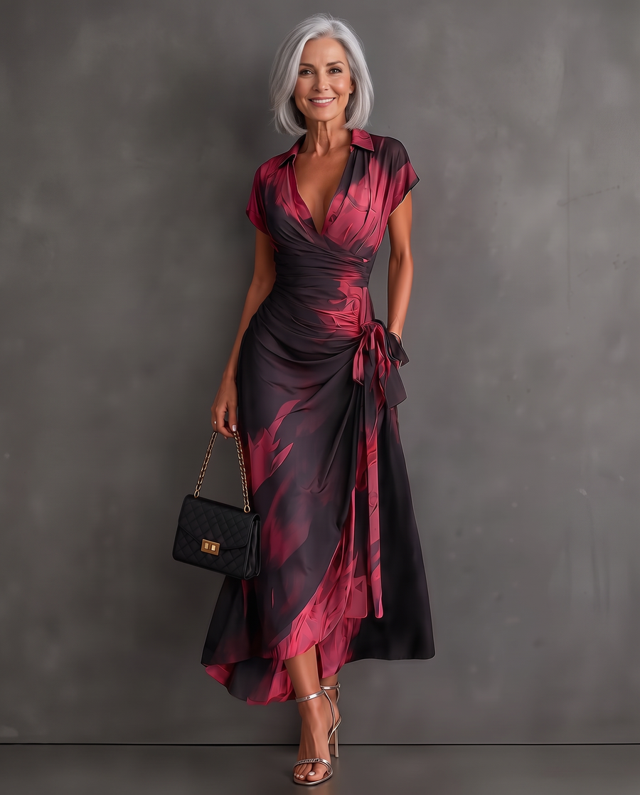 Beatrice watercolor print midi wrap dress in Burgundy