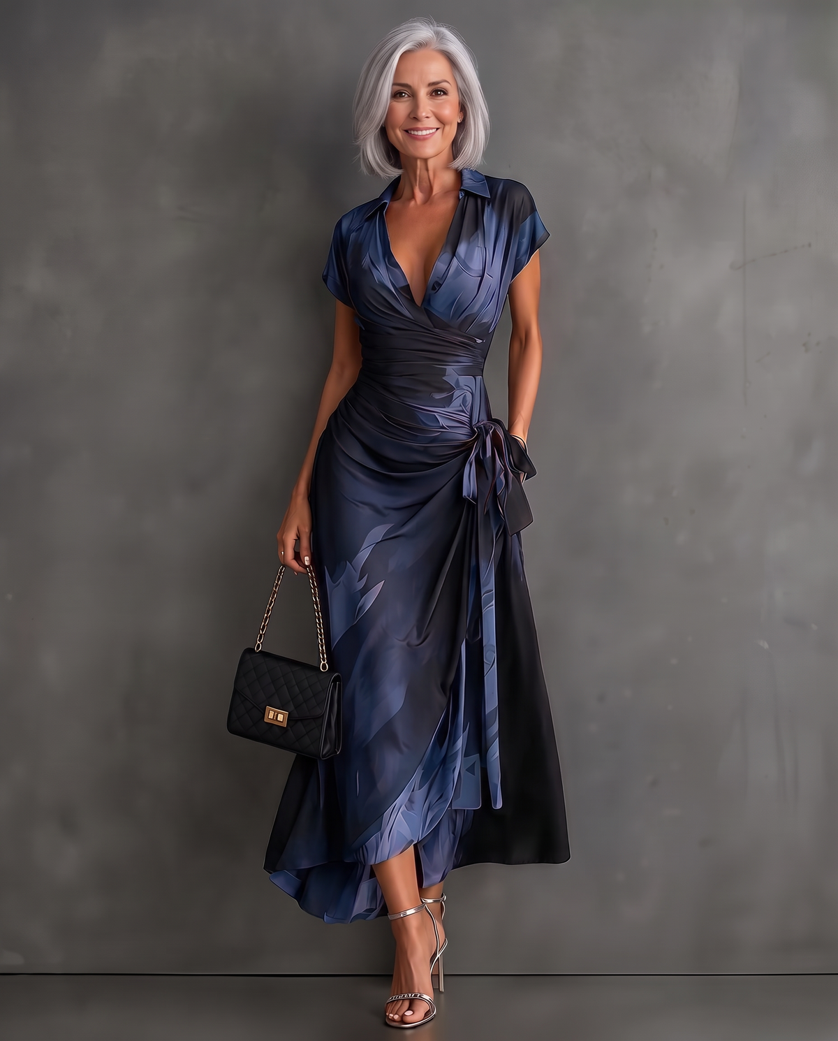 Beatrice watercolor print midi wrap dress in Navy Blue