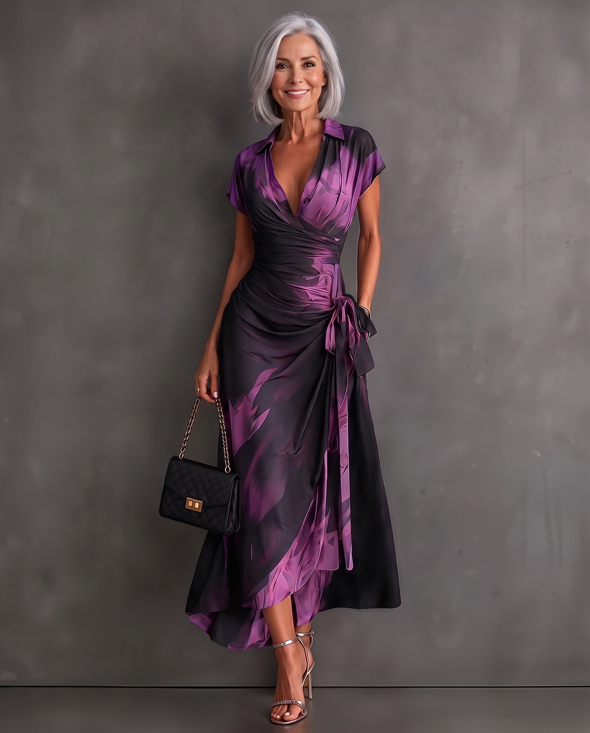 Beatrice watercolor print midi wrap dress in Purple