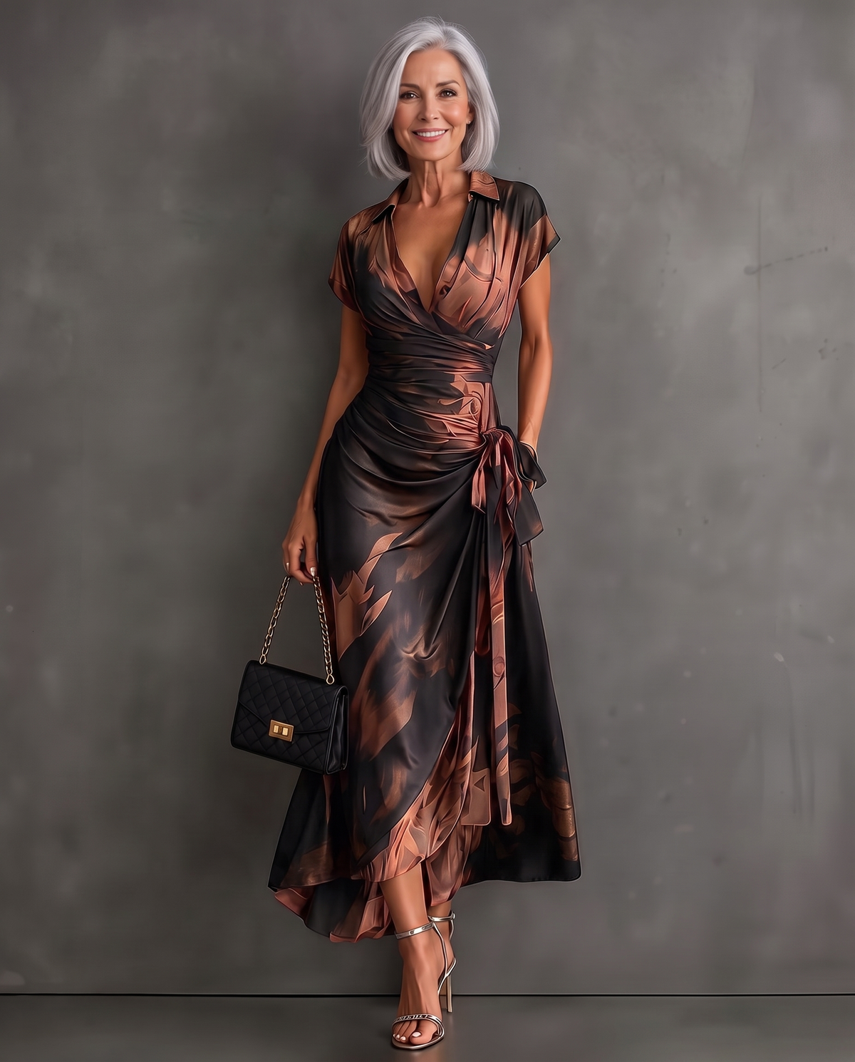 Beatrice watercolor print midi wrap dress in Bronze