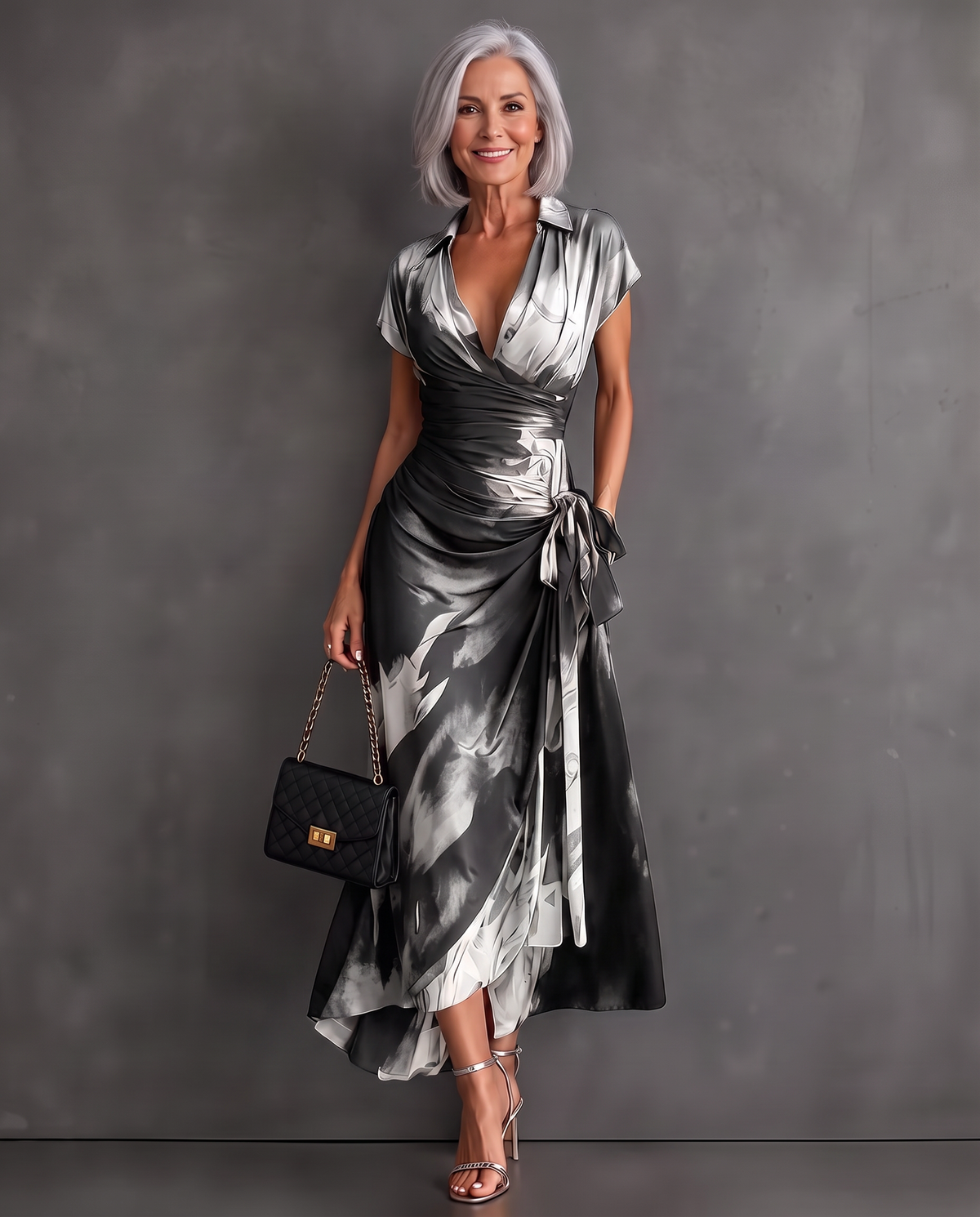 Beatrice watercolor print midi wrap dress in Silver Gray