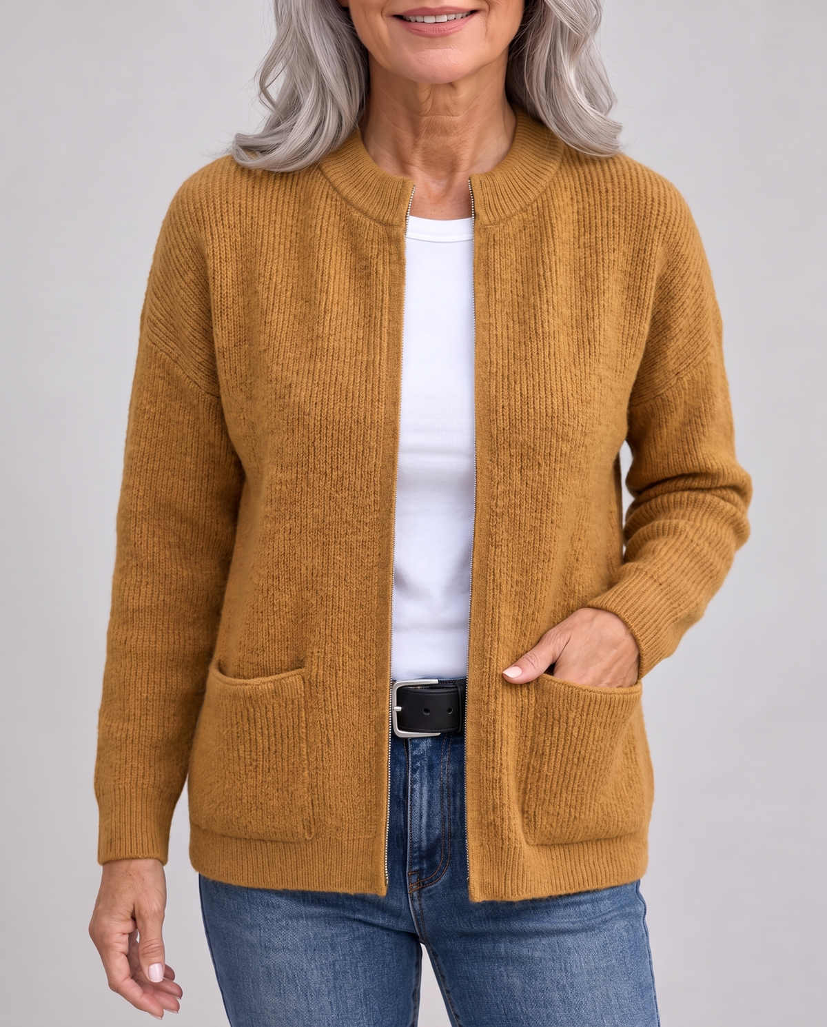 Knitted Cardigan with Pockets in Mustard