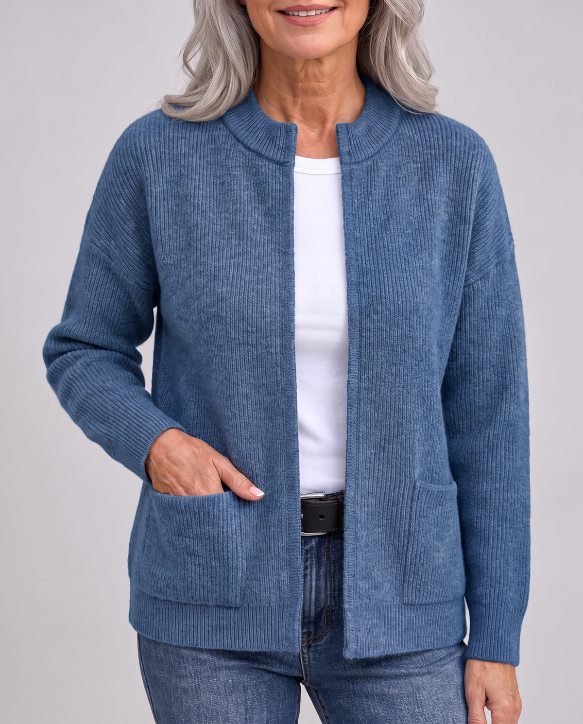 Knitted Cardigan with Pockets in Denim Blue