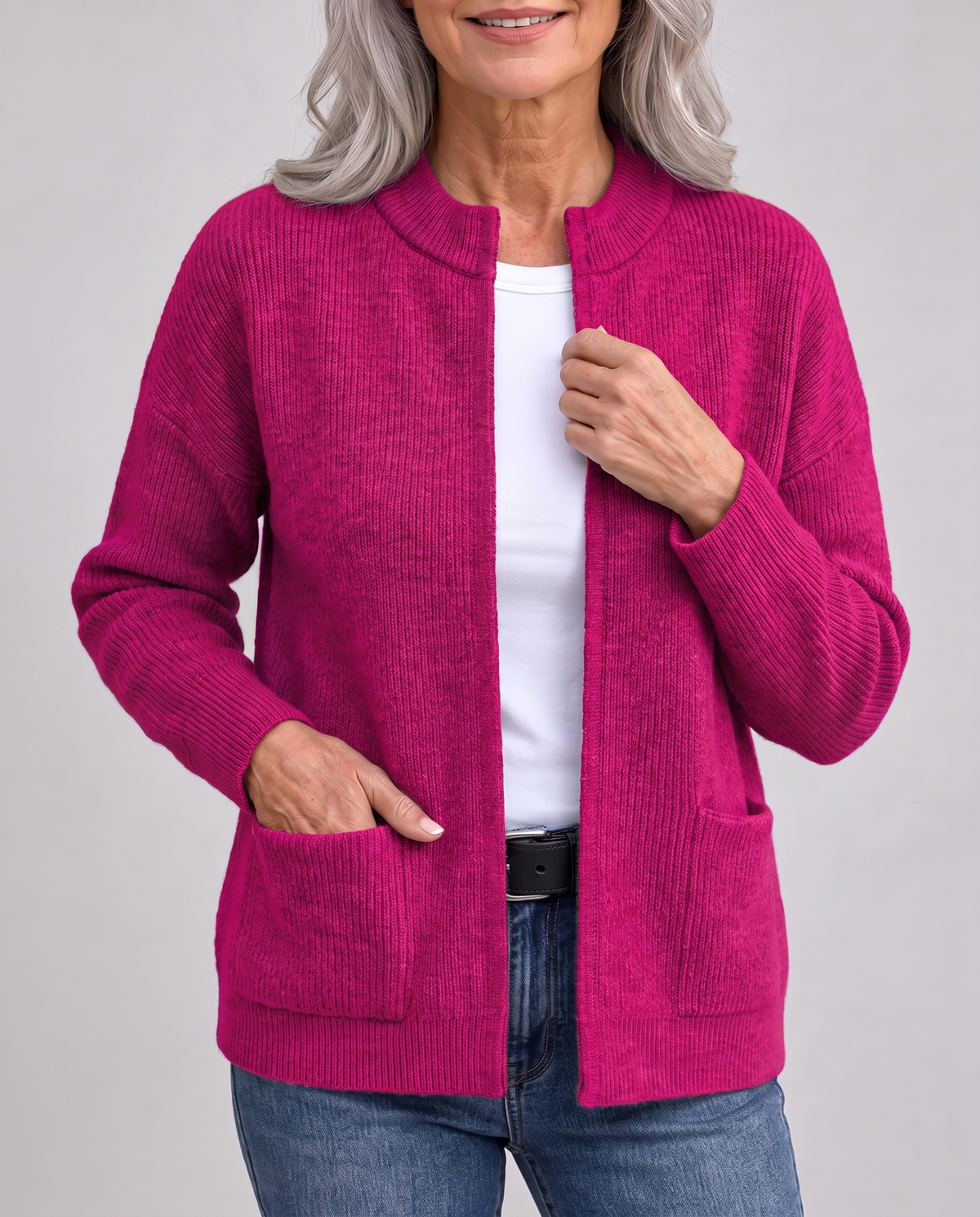 Knitted Cardigan with Pockets in Fuchsia