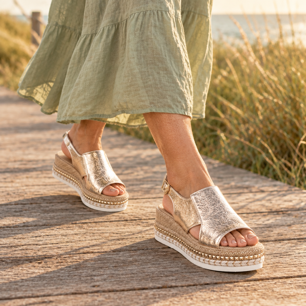 Lisette sandals in gold on a boardwalk