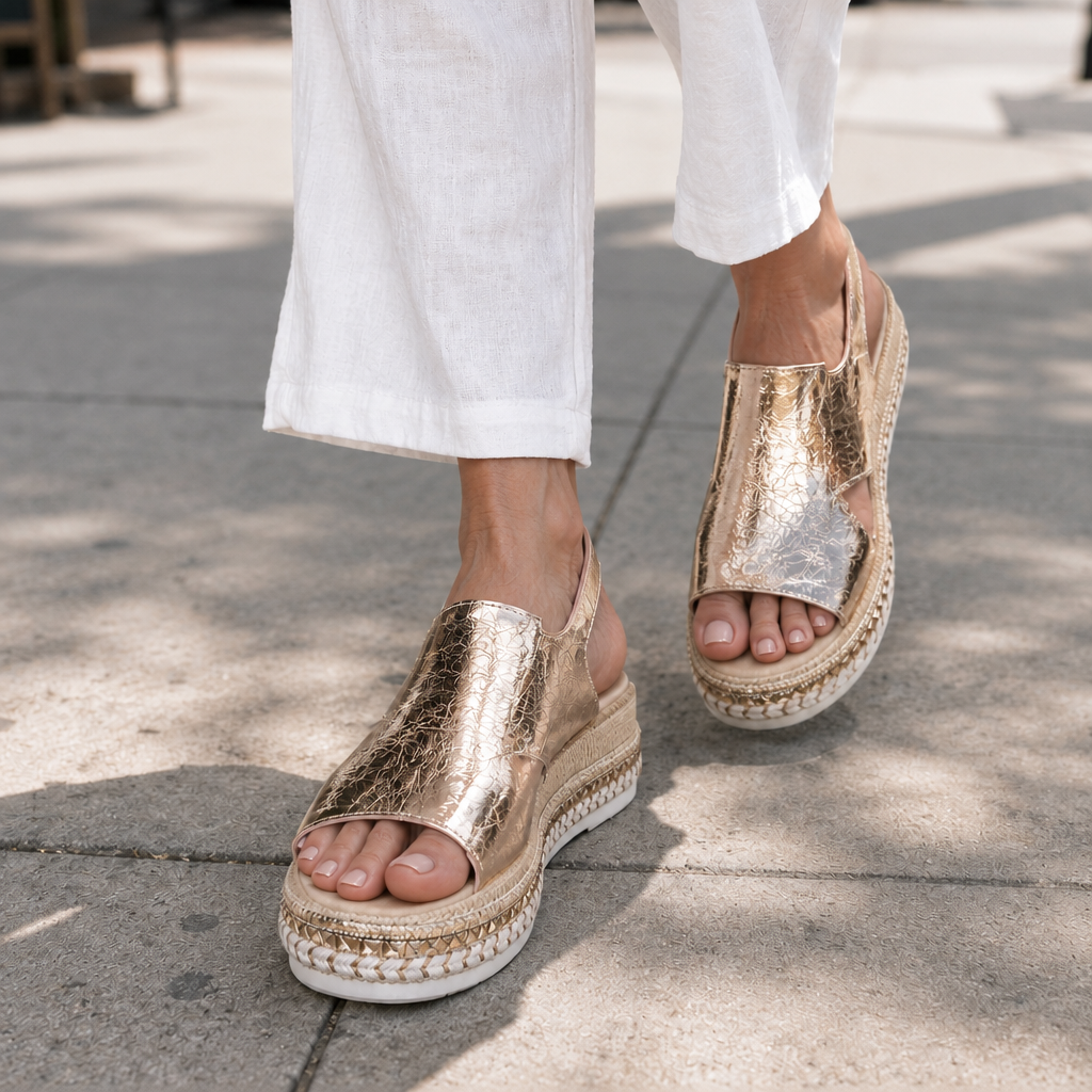 Lisette sandals in gold worn with white pants