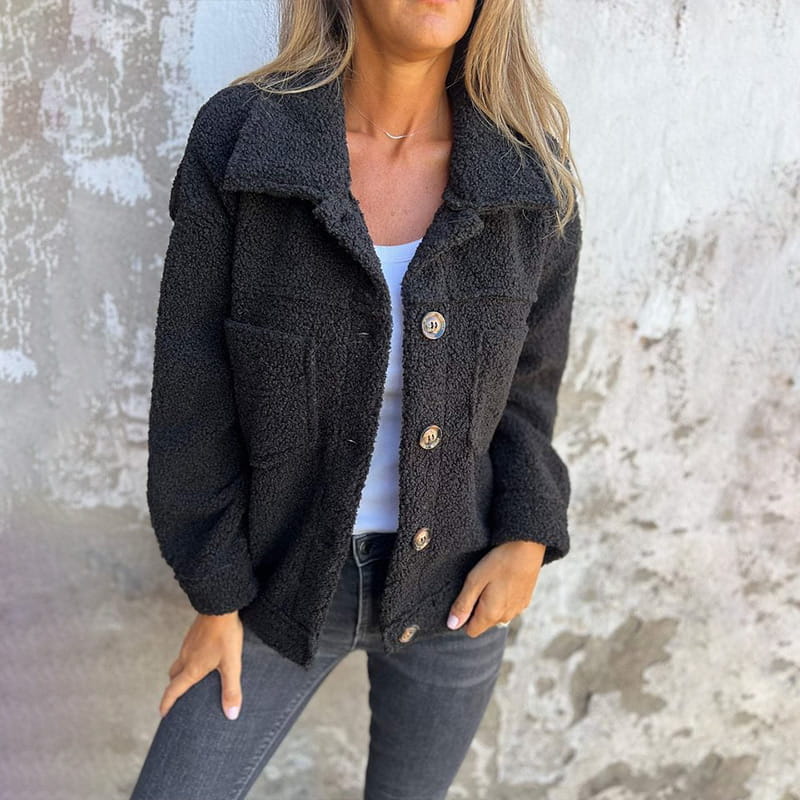 Soft Faux Fur Button Jacket - Black