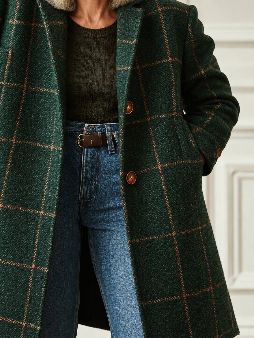Cecile | Elegant Long Plaid Coat