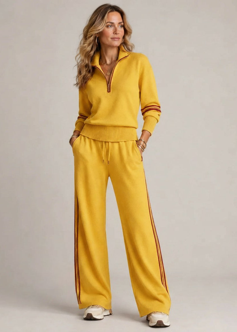 Kate half-zip sweater and wide leg pants in yellow