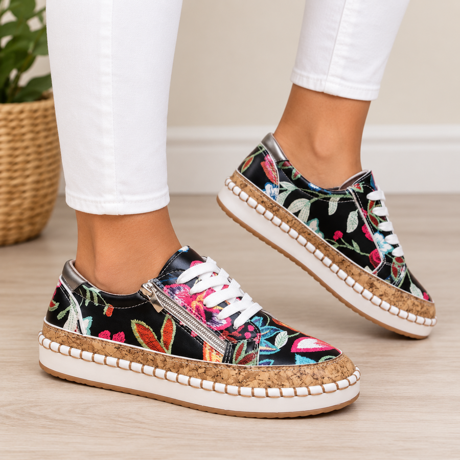 Oluchi floral orthopedic zipper sneakers in floral black