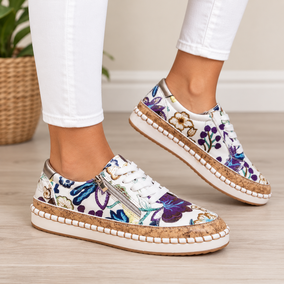Oluchi floral orthopedic zipper sneakers in floral blue