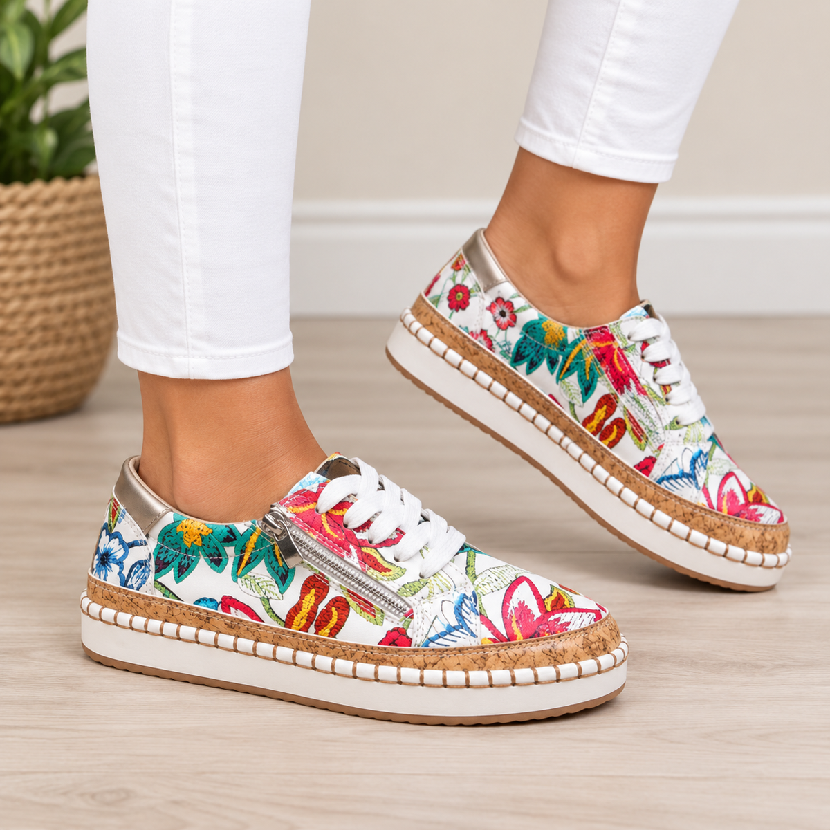 Oluchi floral orthopedic zipper sneakers in floral white