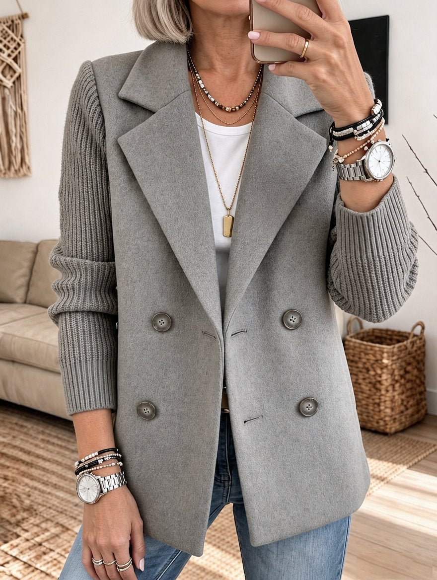Elisabeth | Double-Breasted Blazer with Ribbed Sleeves - Gray